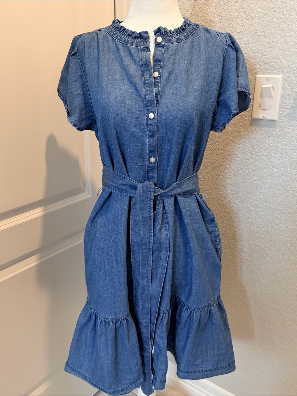 LOFT “Chambray Tie Waist Flutter Dress” LOFT Blue Denim Button-Front Dress